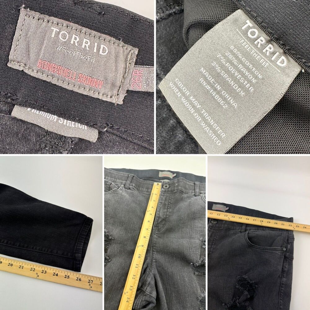 Torrid Bombshell Skinny Blue Jeans Black Denim Distressed Stretch Zip Womens 26R - Picture 15 of 15
